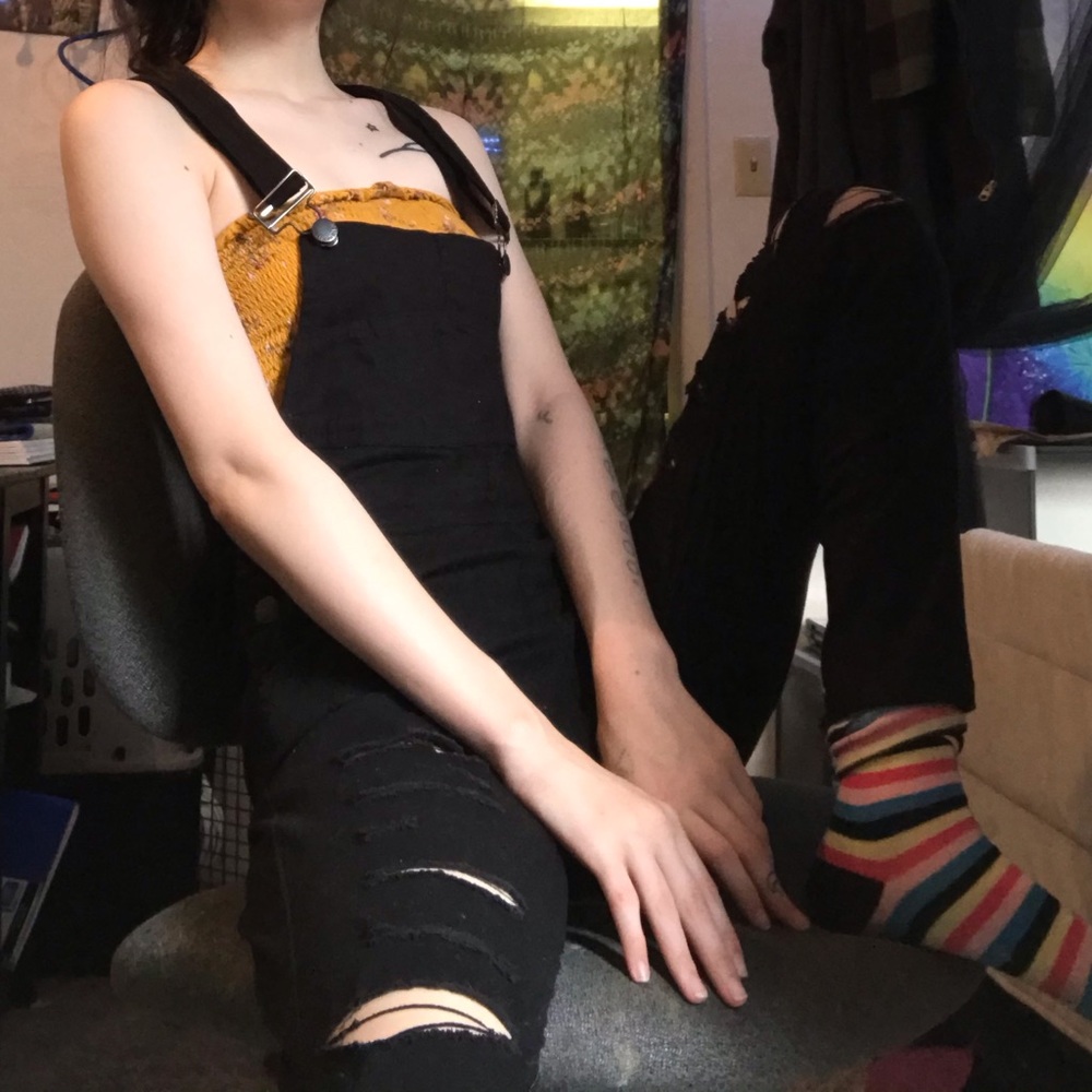black distressed overalls